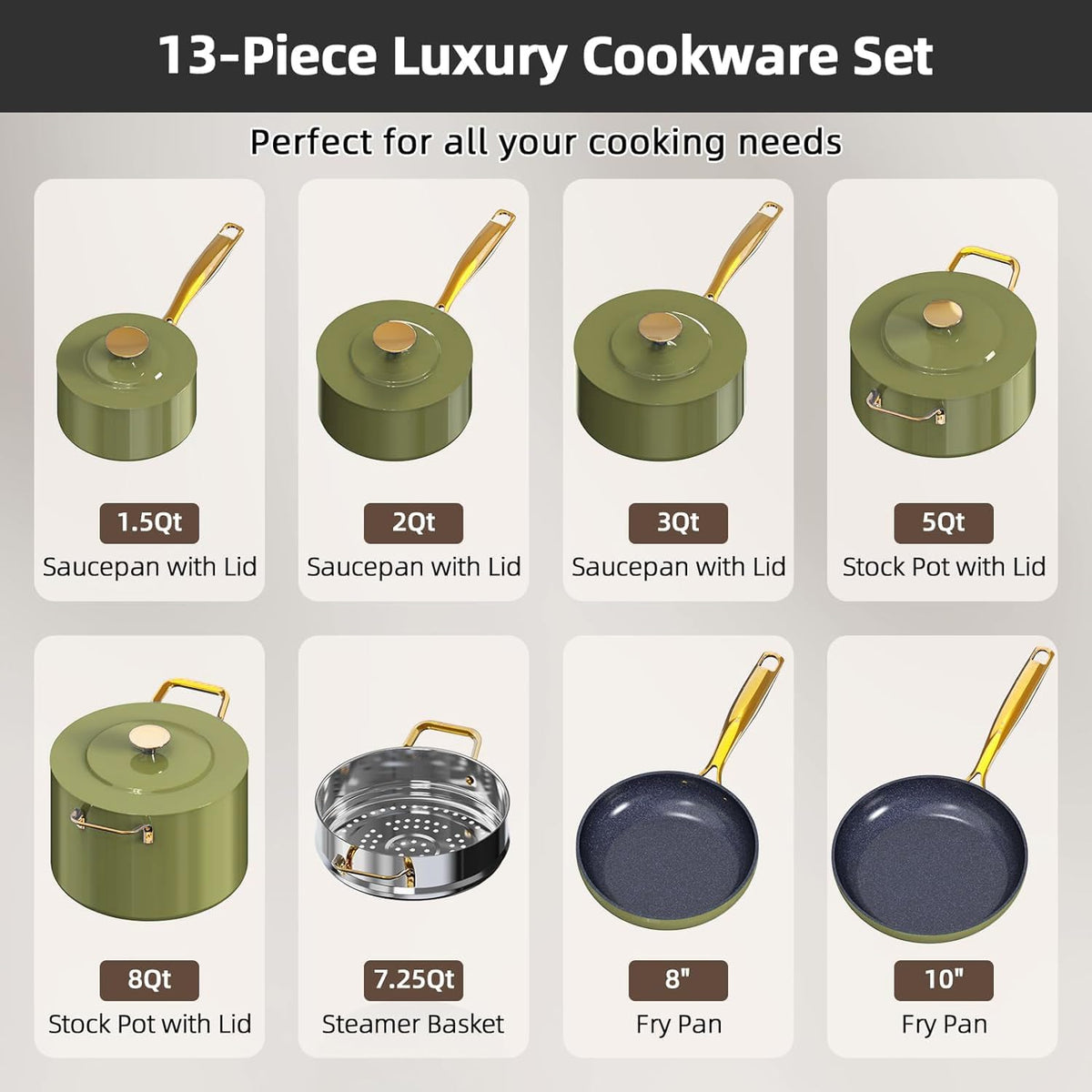 Nuwave Lux LE 13-Pc Cookware Set with Elegant Gold Handle, Diamond Infused Ceramic Non-Stick, PFAS Free, Premium Metal Lids, Ergonomic Stay-Cool Handles, Induction Ready & Compatible w/All Cooktops