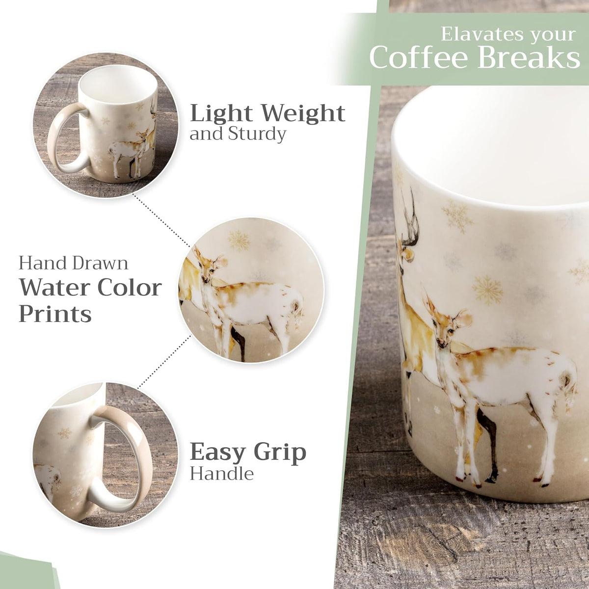 Maison d' Hermine Coffee Mug with Handles Fine Bone China Mugs Pack of One Tea Cups for Hot Beverages Cappuccino Latte Home Restaurant Office Perfect for Gift (Deer In The Woods - Oh Deer, 15 Ounce)