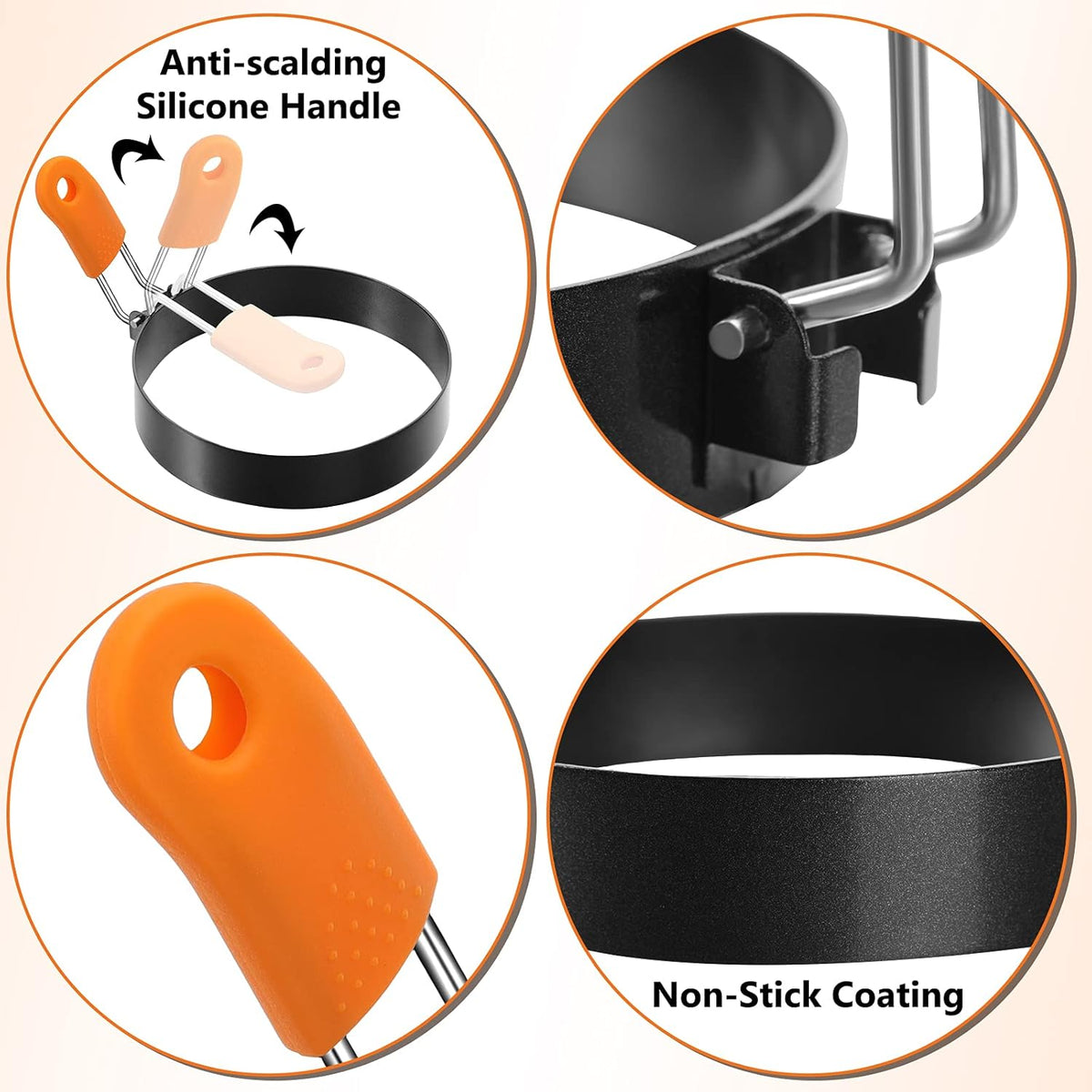 Patelai 6 Pcs Egg Ring Pancake Ring Set Stainless Steel Fried Egg Molds Griddle Pancake Shapers with Silicone Handle for Breakfast Omelette Sandwich (Round Style,4, 6, 8 Inch)