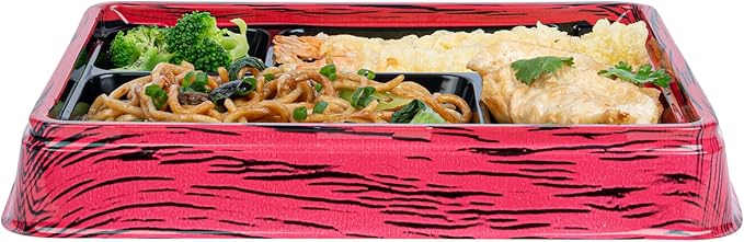 Restaurantware Bento Tek 15.2 Ounce Meal Prep Containers, 100 Disposable To Go Food Boxes - Lids Sold Separately, 4 Compartments, Red And Black Plastic Bento Lunch Boxes, Freezable, For Take Out