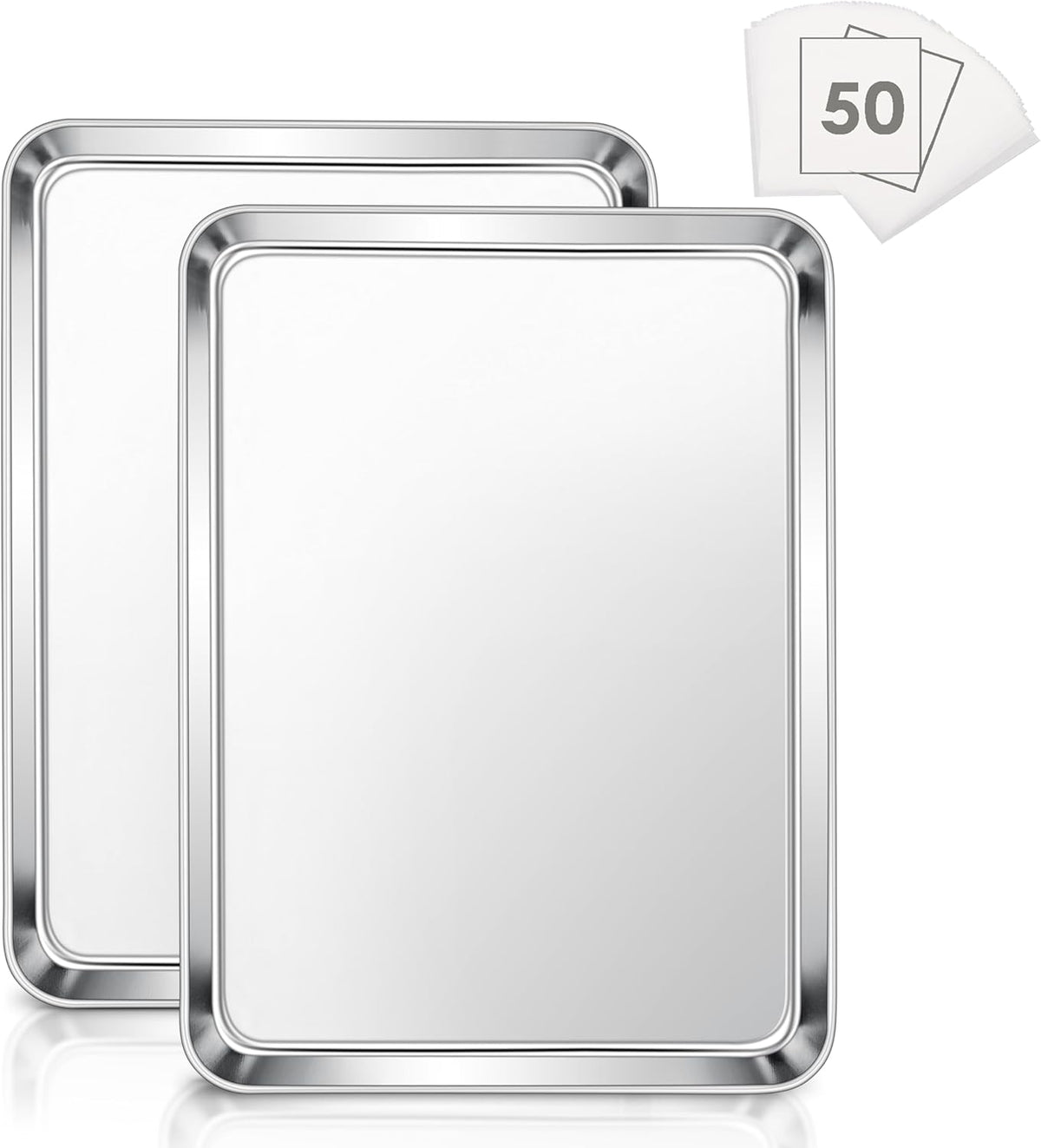 E-far Baking Cookie Sheet Set of 2, 16”x12” Stainless Steel Baking Sheet Pan with 50 Parchment Paper, Rectangle Baking Tray for Cooking Roasting, Rust Free & Heavy Duty, Oven & Dishwasher Safe