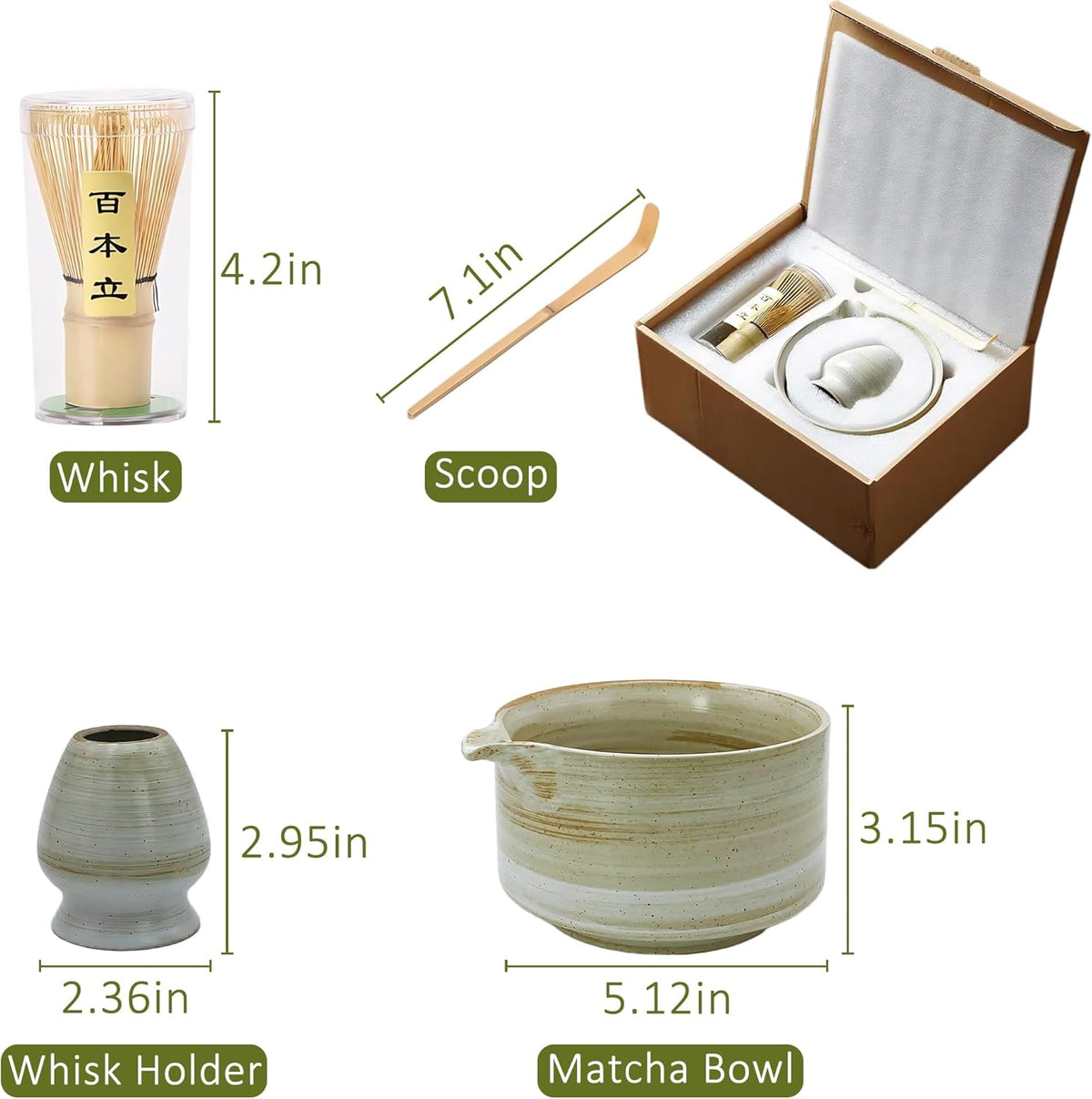 4pcs Matcha Set, Japanese Matcha Kit with Whisk, 17oz Ceramic Bowl with Spout, Whisk Holder & Bamboo Scoop for Starter, Tea Ceremony, Tea Lover, Gift