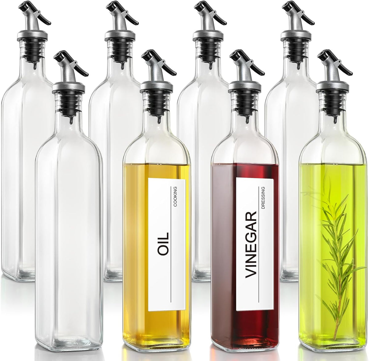 GMISUN Olive Oil Dispenser for Kitchen 8 Pack, Glass Oil Dispenser Bottle 17oz, Cooking Soy Sauce Bottle Container Cruet with Plastic Pourer Spout, Funnel and Labels, Clear