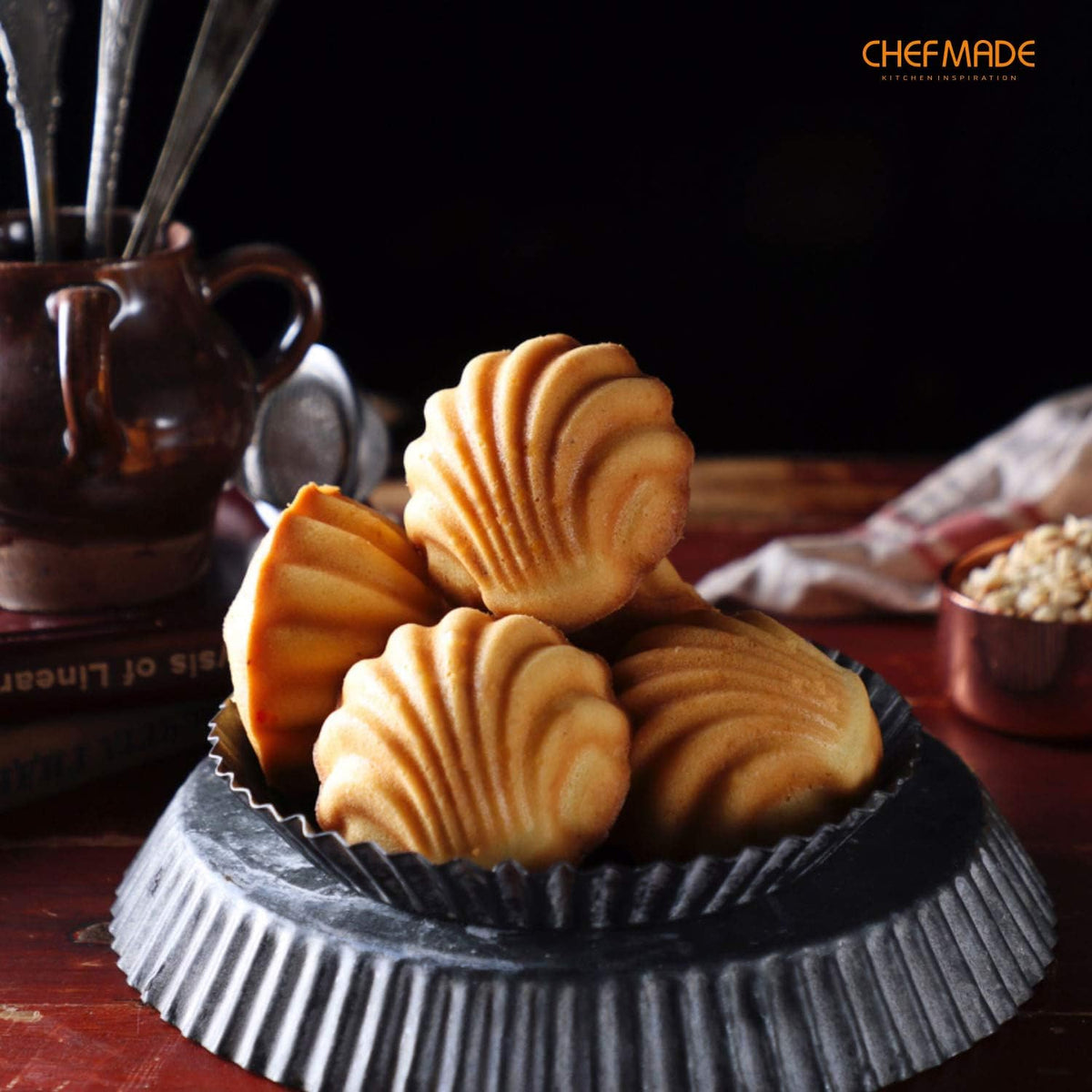 CHEFMADE Madeleine Mold Cake Pan, 12-Cavity Non-Stick Spherical Shell Madeline Bakeware for Oven Baking (Champagne Gold)