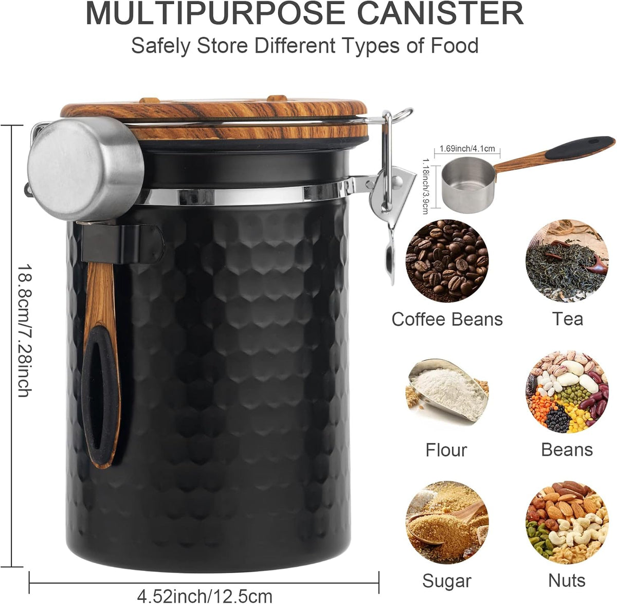 TEDSWAIT Coffee Canisters Airtight Coffee Bean Storage Container Kitchen Stainless Steel Food Storage Container with Scoop Date Tracker & CO2 Valve 61Fl Oz (Diamond Black)