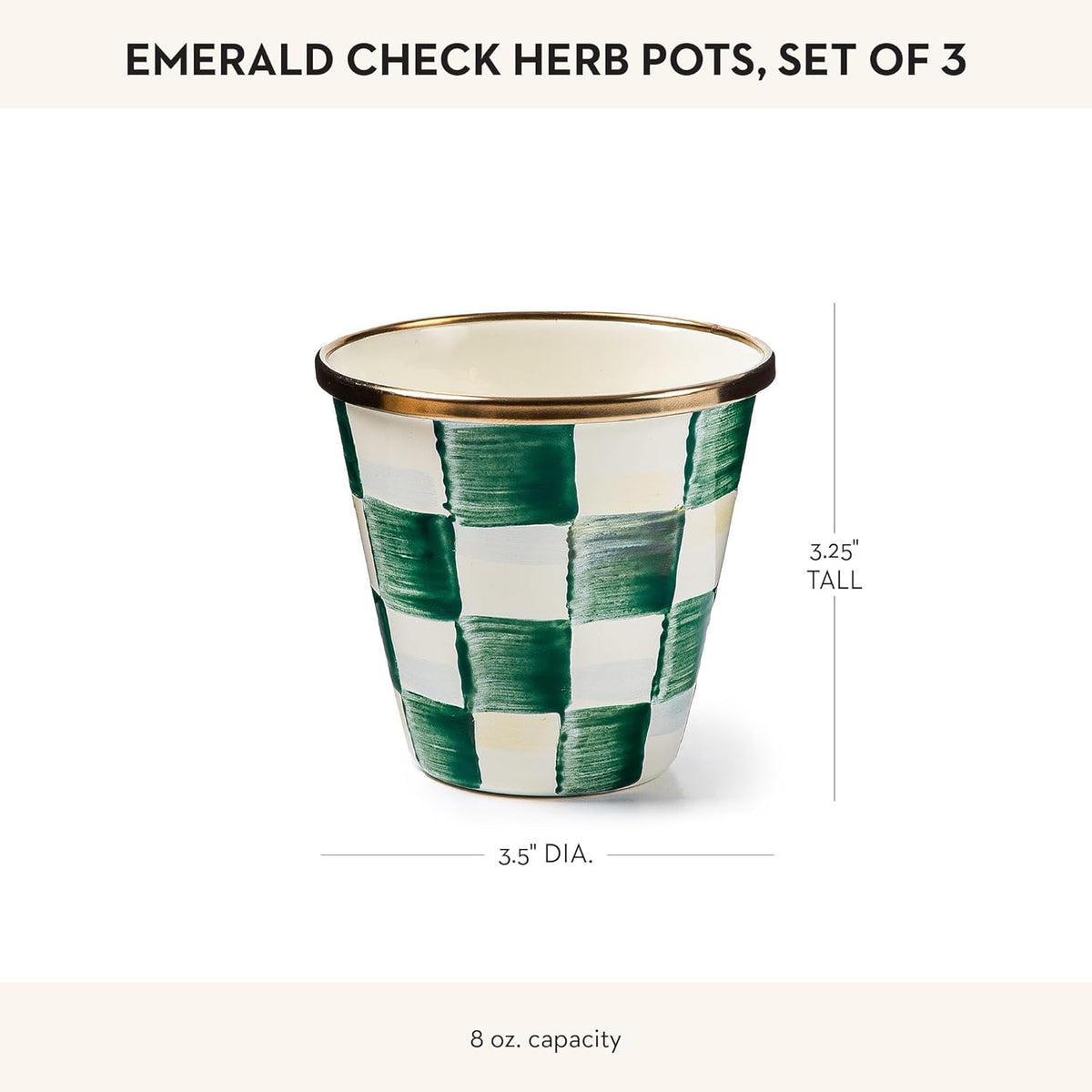 MACKENZIE-CHILDS Enamel Herb Pots, Small Plant Pots for Herbs or Flowers, Set of 3, Green-and-White Emerald Check