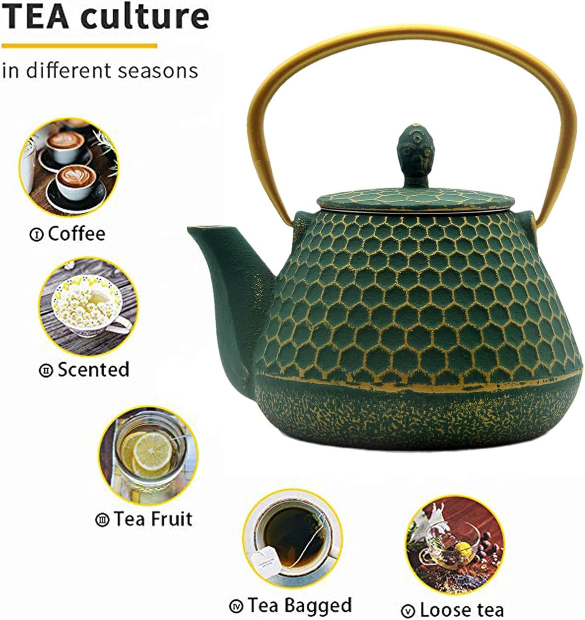 Cast Iron Tea Kettle Set, 33.8oz Hexagon Pattern Teapot Set with Cups and Cup Mats, Teapot Coated with Enameled Interior, Durable Cast Iron Teapot Set with Stainless Steel Infuser