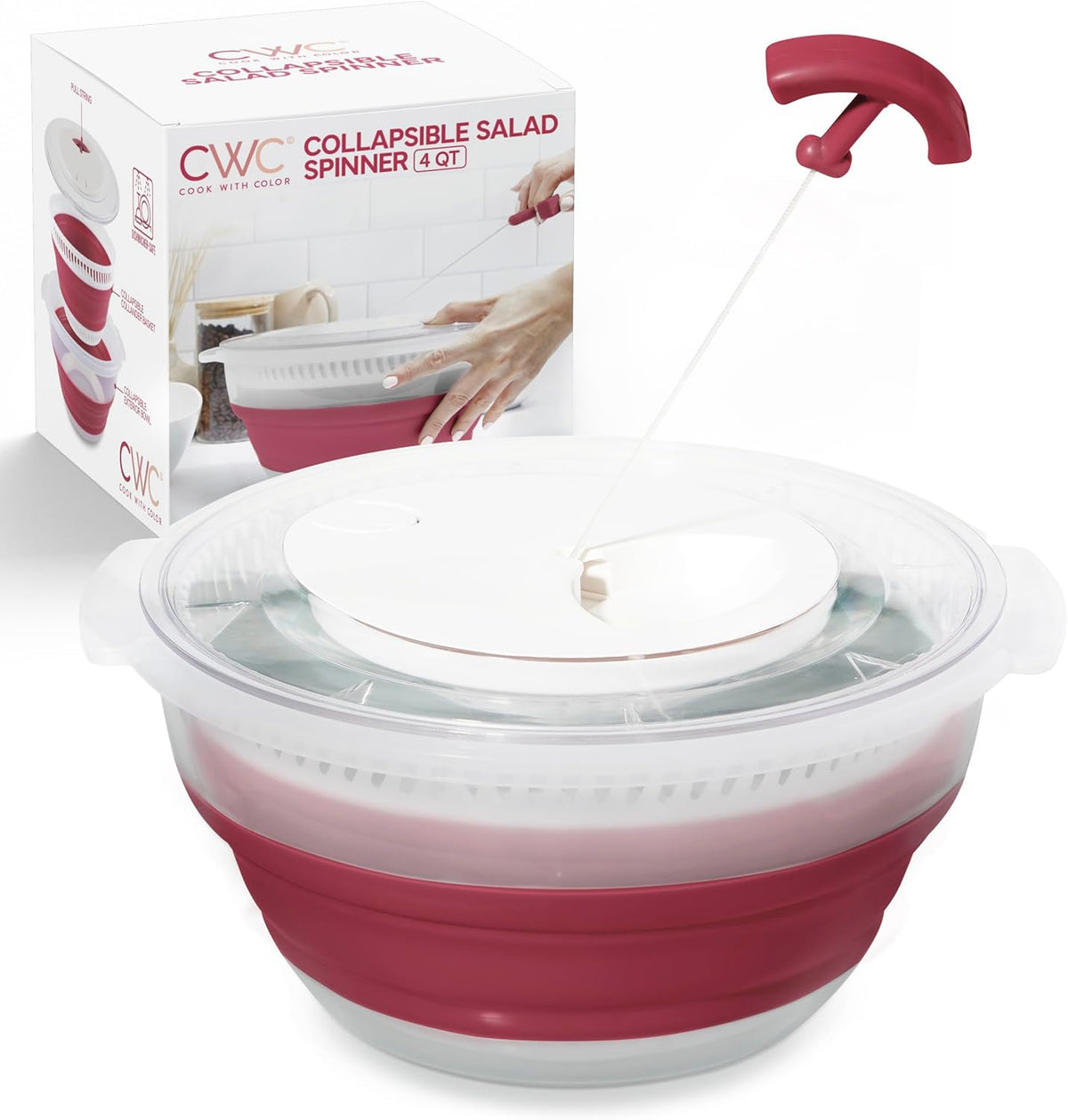 COOK WITH COLOR Collapsible Salad Spinner - 4 QT Space Saving Lettuce Dryer with Folding Collapsible Colander Great for Washing and Drying Fruit and Vegetables (Rose)