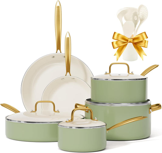 Pots and Pans Set Non Stick - VONIKI Ceramic Cookware Set with Cooking Utensils Set, Non Toxic Kitchen Cookware Sets Dutch Oven Pot with Lid Saucepan Set Sauté Pan Frying Pan Set for Cooking Gifts