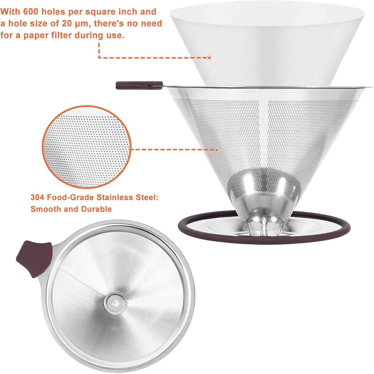 Pour Over Coffee Dripper Pour Over Coffee Filter, Cone Stainless Steel Reusable Paperless Double Layer Mesh Cup Metal Fine Mesh Strainer Slow Drip Portable with Stand & Cleaning Brush Camping
