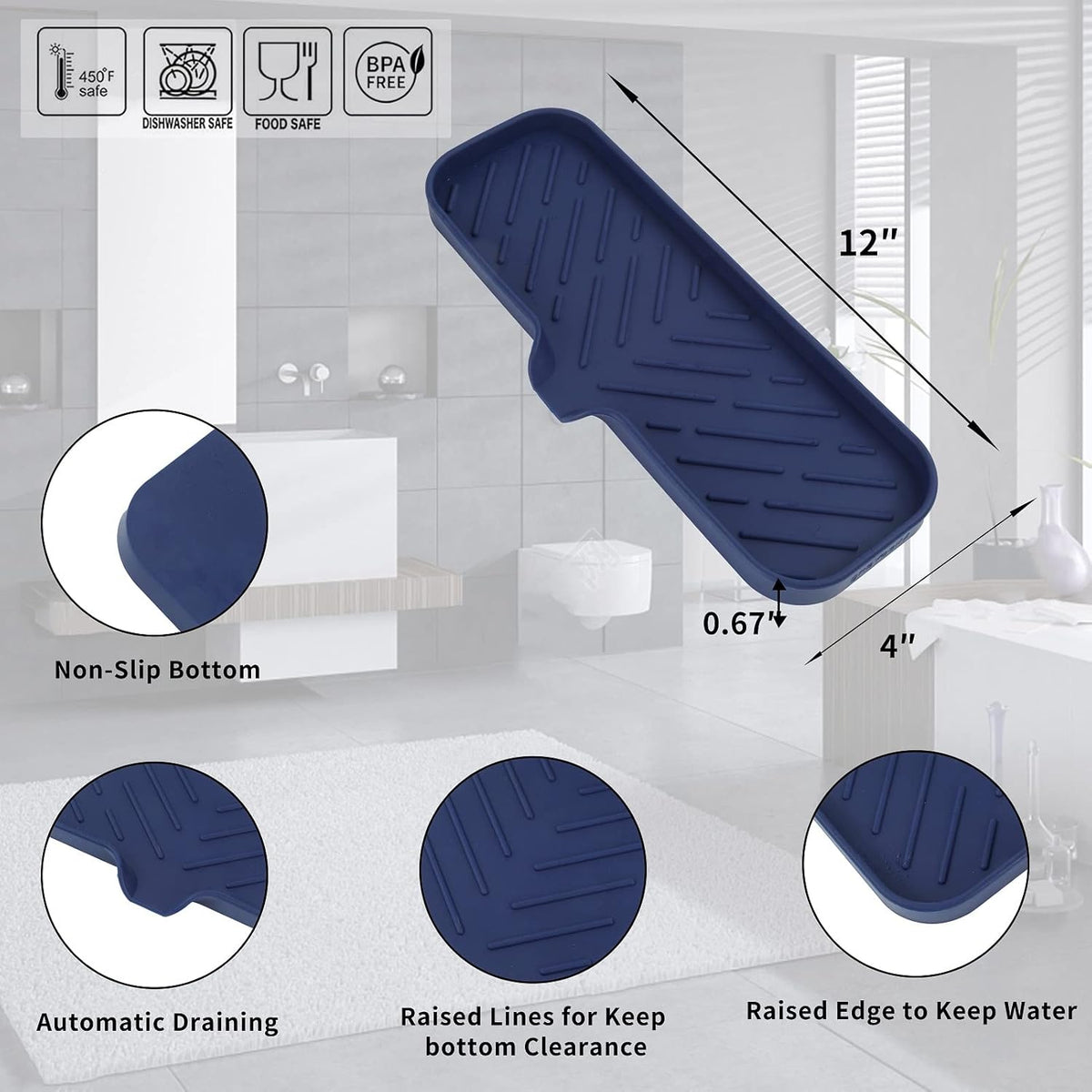 Silicone Bathroom Soap Dishes with Drain Spout-Kitchen Sink Organizer,Sponge Holder,Dish Soap Tray,Perfect for Dispenser,Scrubber,Bottle,Cup on Sink or Counter-Navy Blue 12"×4"
