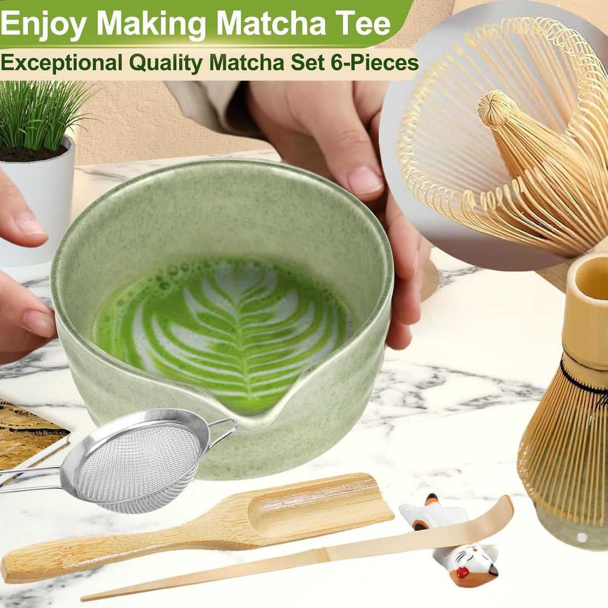 HengLiSam 7 Pcs Matcha Whisk Set, Matcha Set with Ceramic Bowl, Whisk, Whisk Holder, Bamboo Scoop, Sifter, Spoon and Holder, Matcha Kit for Matcha Lover (Matcha Green)