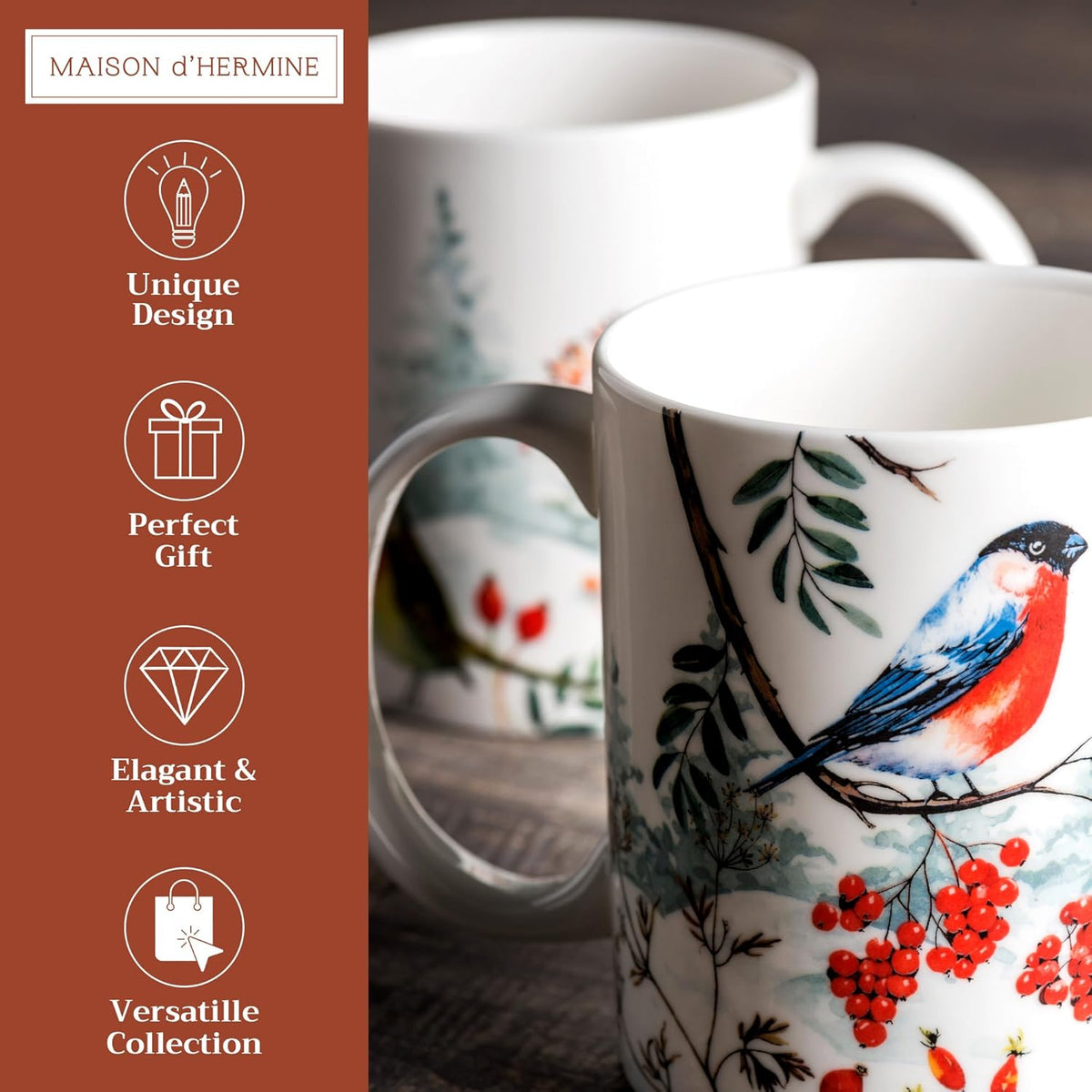 Maison d' Hermine Coffee Mug with Handles Fine Bone China Mugs Pack of Two Tea Cups for Hot Beverages Cappuccino Latte Home Restaurant Office Perfect for Gift (Morzine, 15 Ounce)