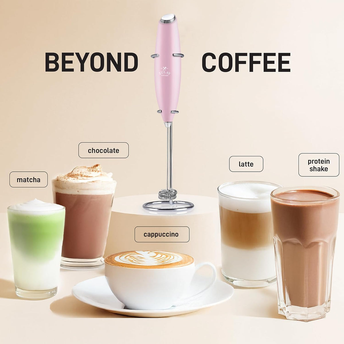 Zulay Kitchen Powerful Double Whisk Milk Frother Handheld - Foam Maker With Stand - Whisk Drink Mixer for Coffee, Mini Foamer for Latte, Matcha, Frappe, Hot Chocolate & Cappuccino - Pink