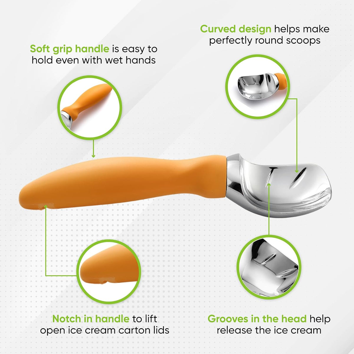 Spring Chef Ice Cream Scoop with Soft Grip Handle, Professional Heavy Duty Sturdy Scooper, Premium Kitchen Tool for Cookie Dough, Gelato, Sorbet, Mango