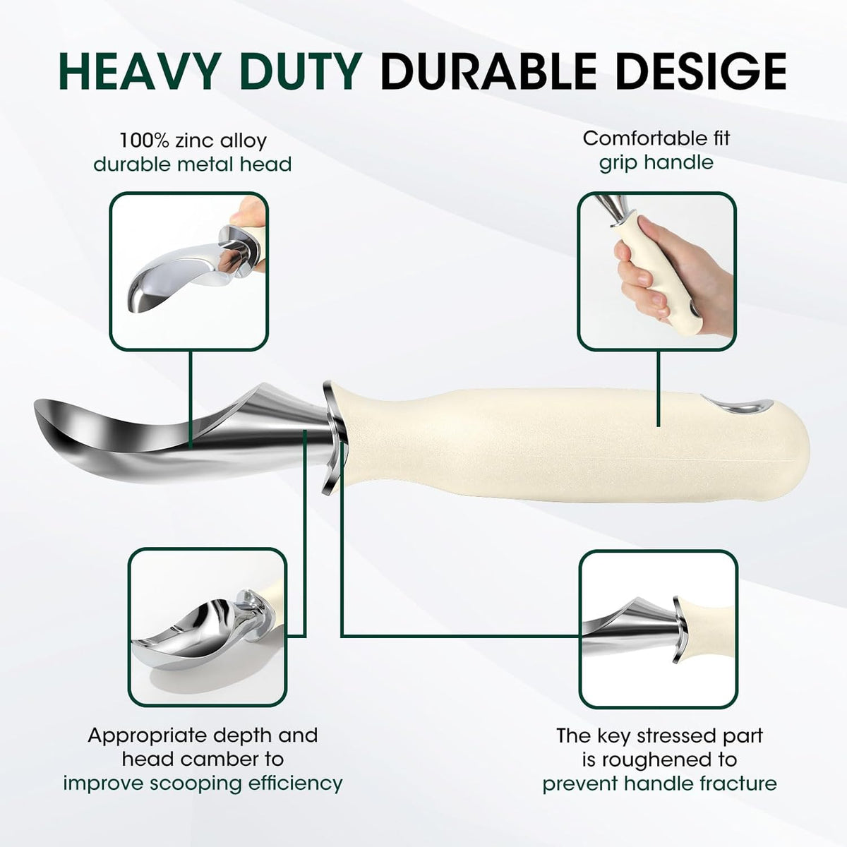 Beneno Heavy Duty Ice Cream Scoop - Upgraded Anti-Fracture Design, Comfortable Grip Long Handle, Effortless Scooping & Dishwasher Safe, Cream