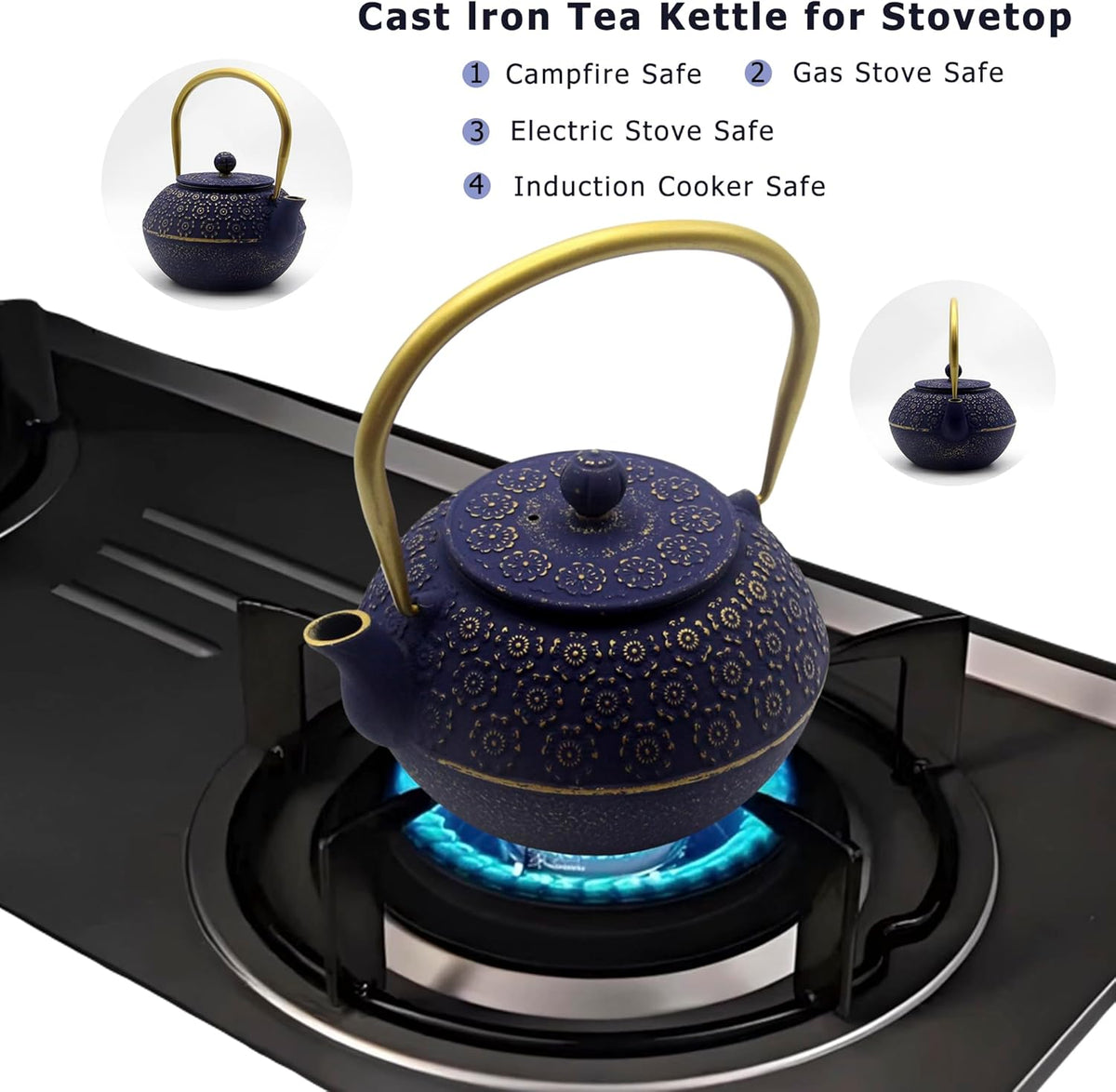 33.8oz Small Cast Iron Tea Kettle for Stovetop, Japanese Tetsubin Tea Pot Coated with Enameled Interior, Durable Cast Iron Teapot with Stainless Steel Infuser for Loose Tea and Tea Bags(1000ml)