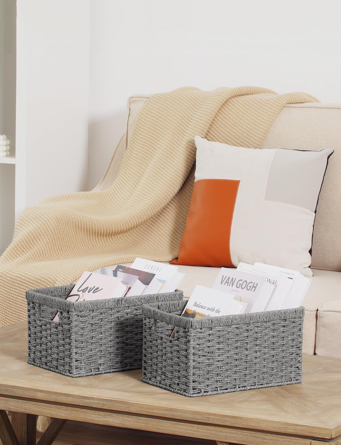 StorageWorks Round Paper Rope Storage Baskets, Rectangular Wicker Baskets with Built-in Handles, Gray, 2-Pack