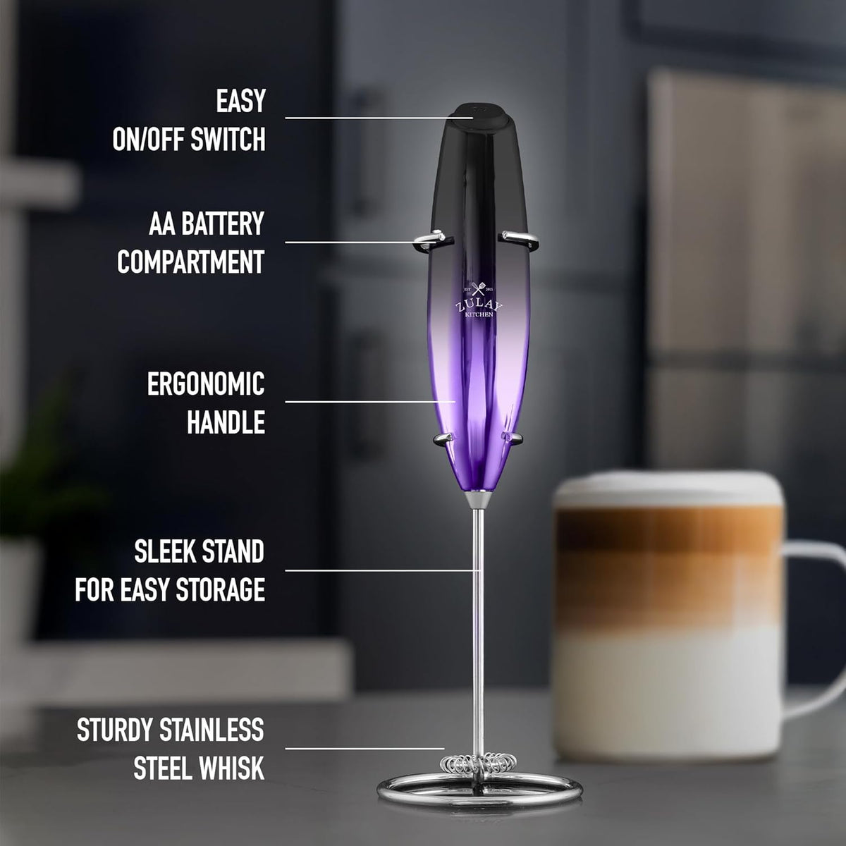 Zulay Kitchen Executive Series Milk Frother Wand - Upgraded & Improved Stand - Ideal Coffee Gift - Coffee Frother Handheld Foam Maker For Lattes - Electric Milk Frother Handheld For Cappuccino