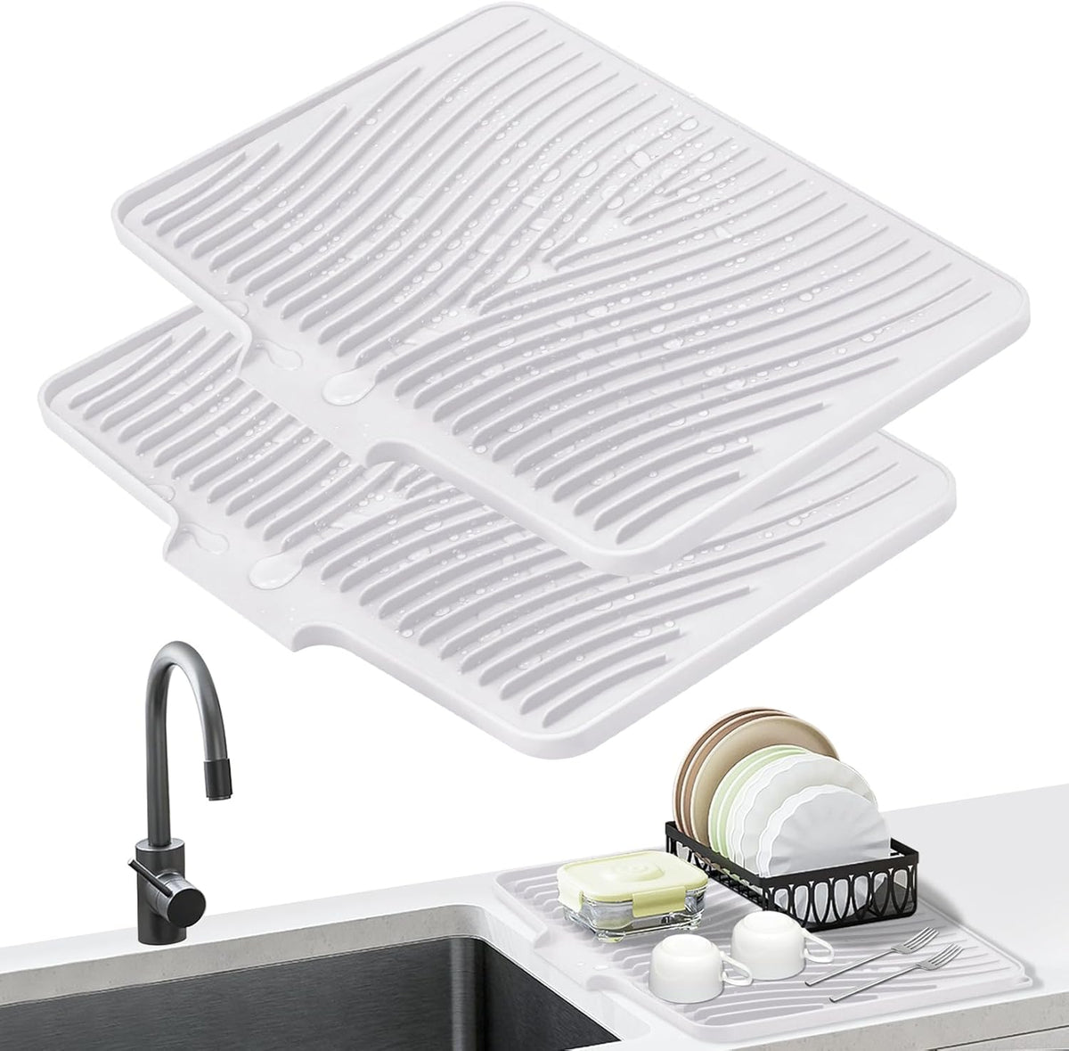 Dish Drying Mat,Stone Drying Mat for Kitchen Counter with Built-in Drain,Non-Slip Drying Matt Kitchen Counter, Heat Resistant Silicone Drying Mat, Dish Drying Pad, 2 Pcs(Ivory, 19.7"x17")