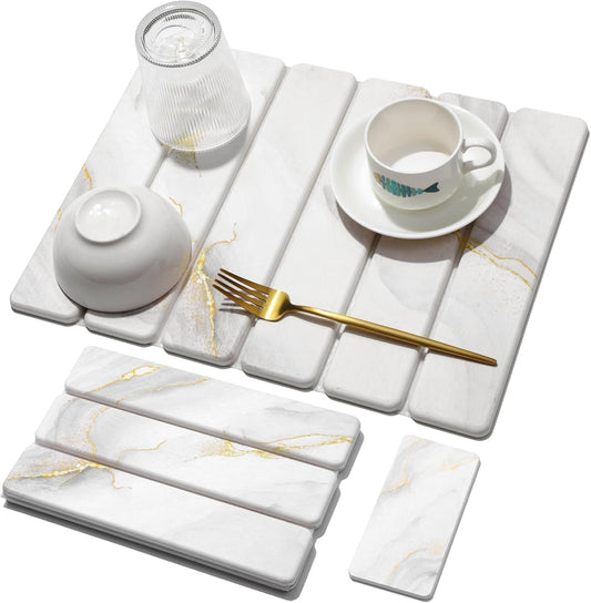 2 PCS Stone Dish Drying Mat for Kitchen Counter,Quick Dry Stone Dishes Mats,Marbled Water Absorbing Diatomaceous Earth Drying Pad for Countertop Bottles Utensils Cups(Gold White 16"×12" & 8"x4")