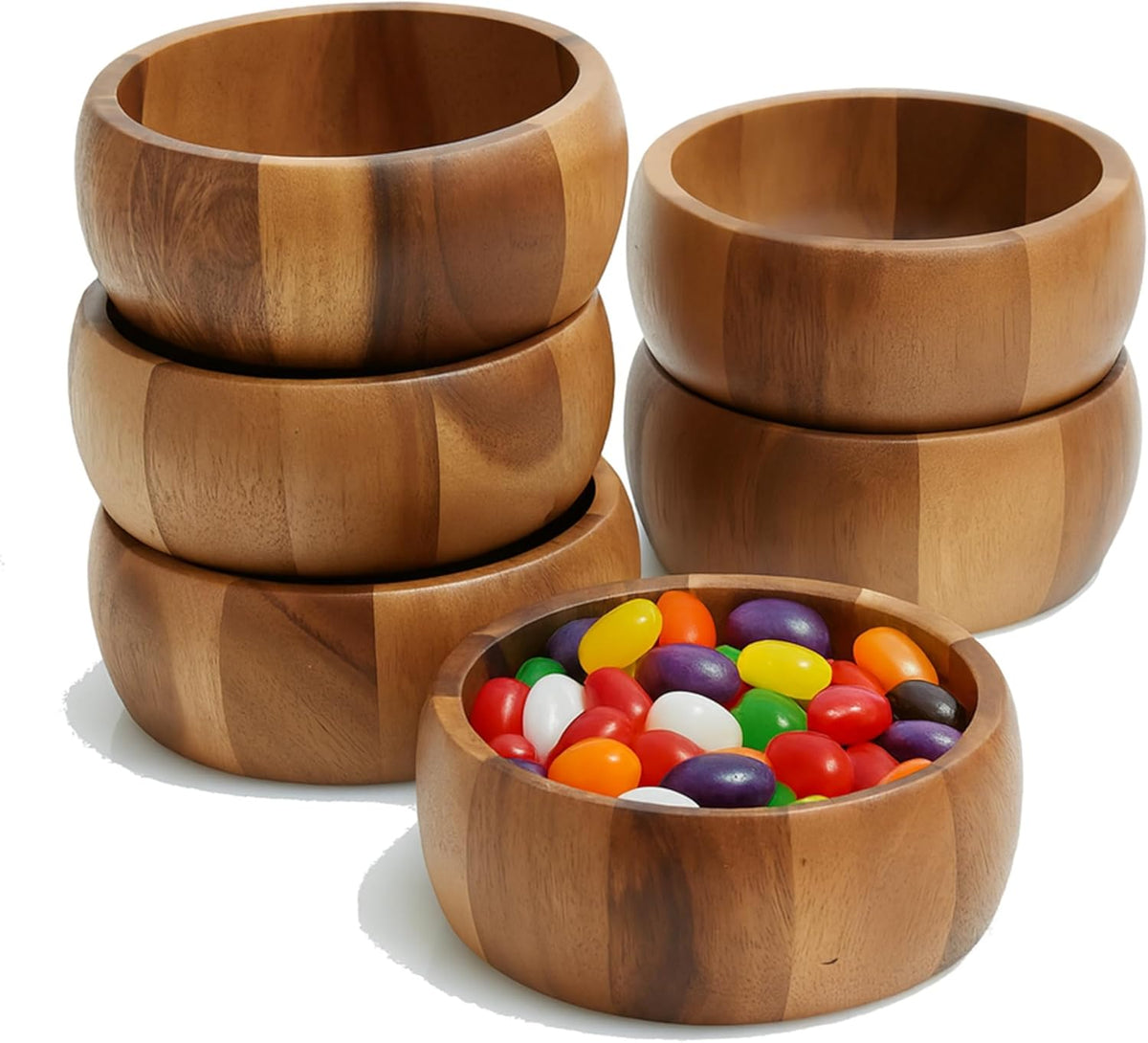 Woodard & Charles Set of 6 Acacia Wood Large Individual Salad Bowls, Snack Serving Bowls, 6 1/2" x 2 1/2"