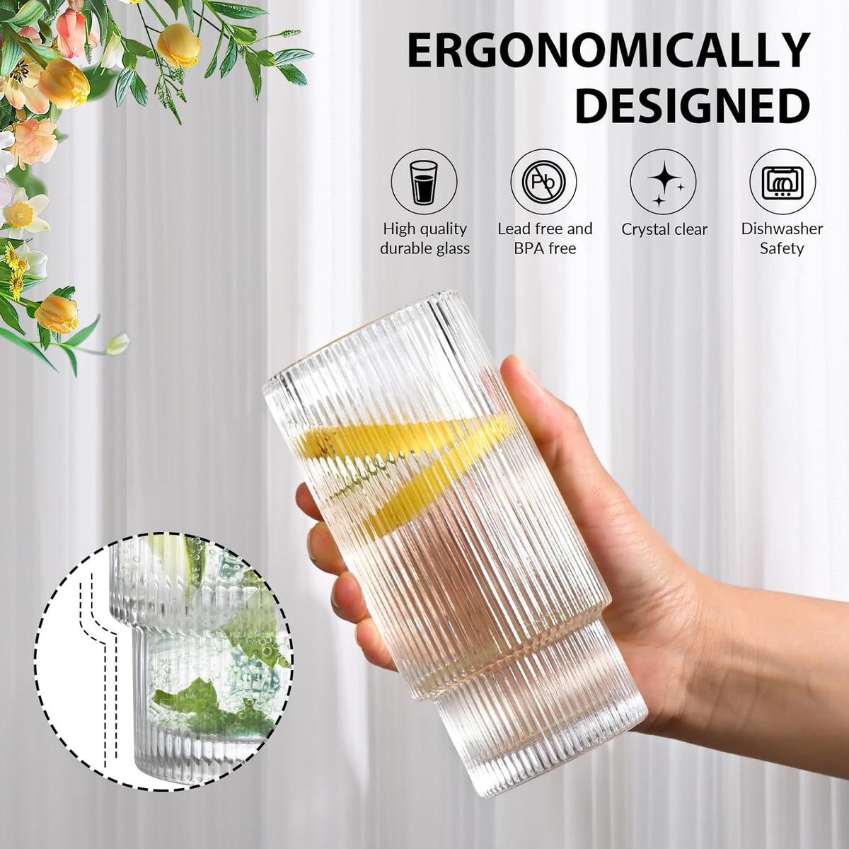 16OZ Ribbed Glass Cups with Lids and Straws,Iced Coffee Cups with Bamboo Lid,Vintage Glassware for Whiskey Cocktail Beer Fruit Juice Glasses Tumbler(6 Pack)