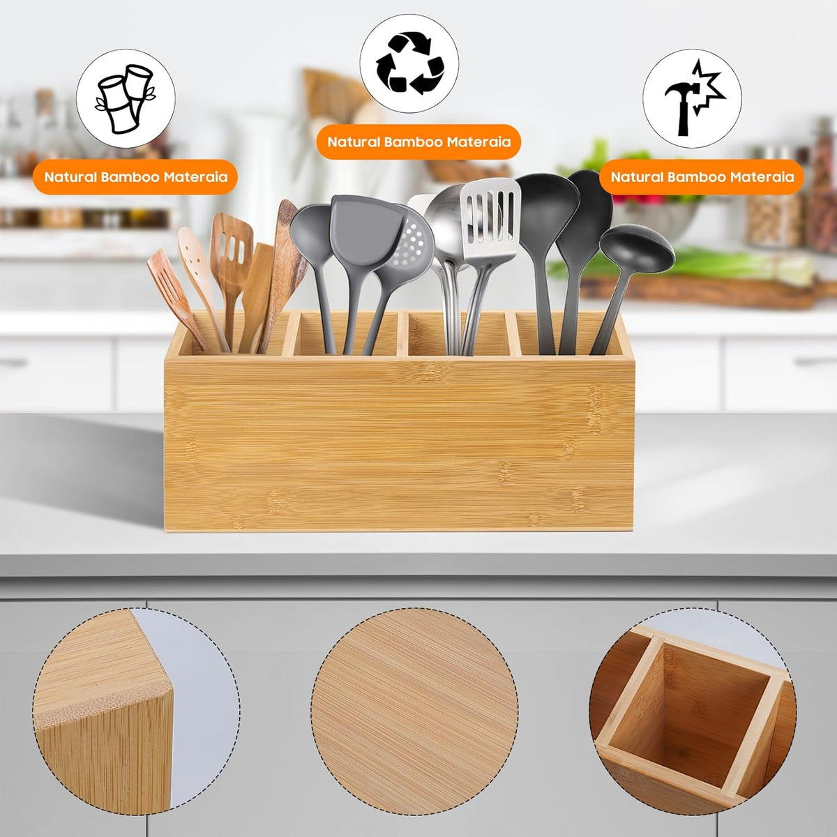 Wingsife Utensils Holder with 4 Compartments, Bamboo Utensil Organizer for Kitchen Countertop, Silverware Caddy Cutlery Holder for Flatware Fork Spoon Spatula, Cooking Utensil (Classic)