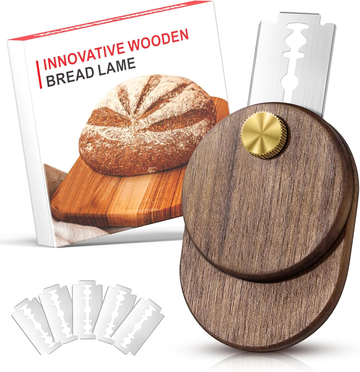 Upgraded UFO Bread Lame Dough Scoring Tool,Sourdough Scoring Tool,Black Walnut Bread Lame Cutter Scoring Knife for Bread Baking Includes 5 Replaceable Razor Blades for Bread Baking