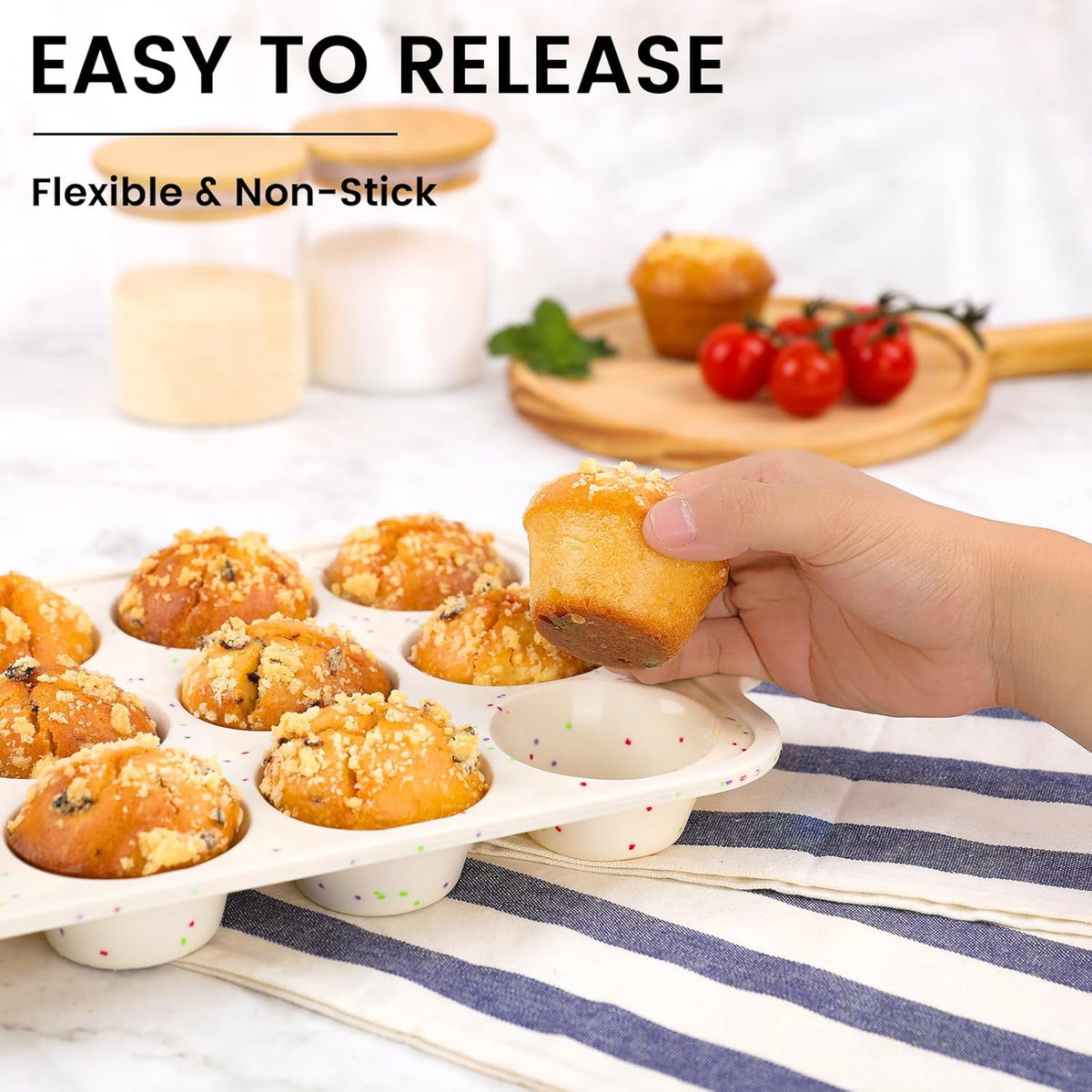 1Pack Silicone Muffin Pan for Baking with Metal Reinforced Frame, 12 Cup Regular Size Cupcake Pan, BPA Free Silicone Muffin Tray, Cupcake Baking Pan Molds for Oven Dishwasher Safe - Cream