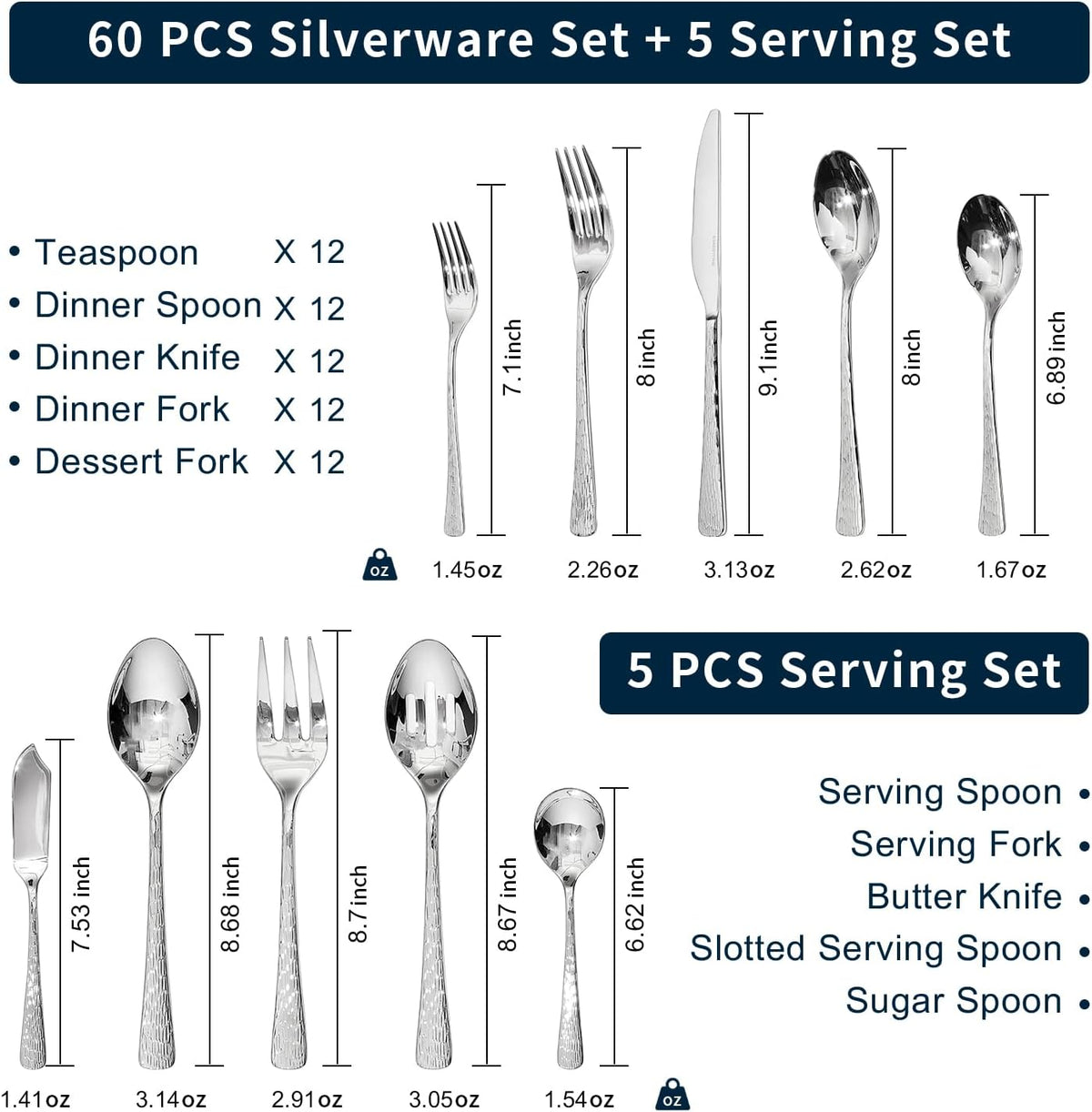 KINGSTONE Hammered Silverware Set, Flatware Set with Serving Utensils, 18/10 Stainless Steel Premium Cutlery with Unique Ripple Handles Design Mirror Polished - Dishwasher Safe (65-Piece)