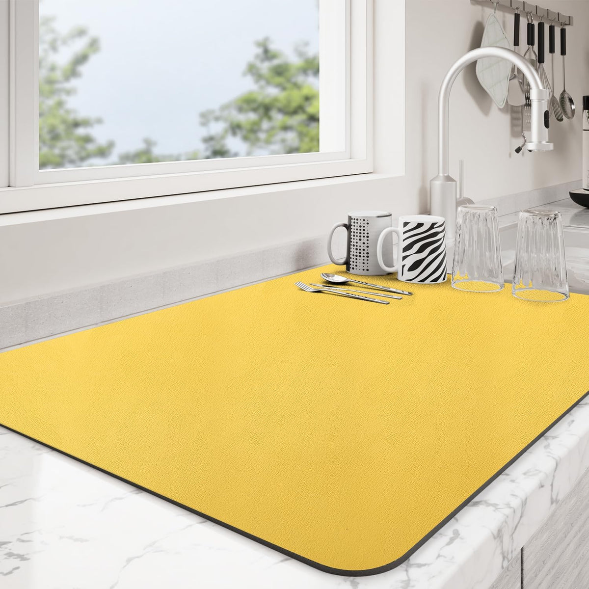Dish Drying Mat for Kitchen Counter | Coffee Bar Mat for Countertops | Heat Resistant Drainer Mat with Non-slip Rubber Backed | Hide Stain Kitchen Absorbent Draining Mat | Yellow 16"x24"