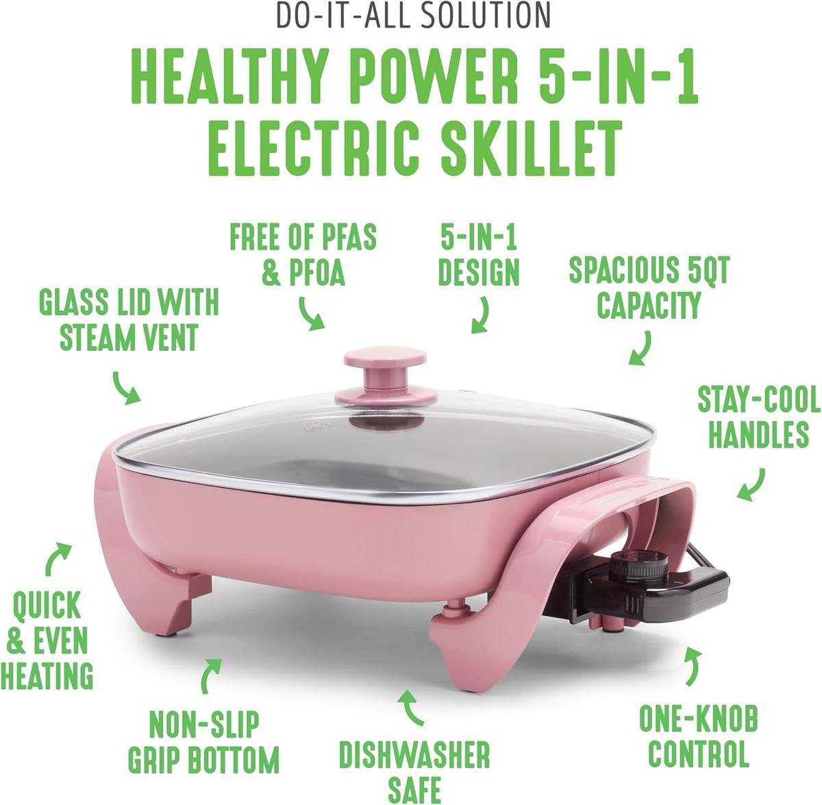 GreenLife12" 5QT Square Electric Skillet, Glass Vented Lid, Ceramic PFAS-Free Nonstick Coated Interior, Adjustable Temperature Control, Cool Touch Handles, Quick Even Heating, Scratch Resistant, Pink