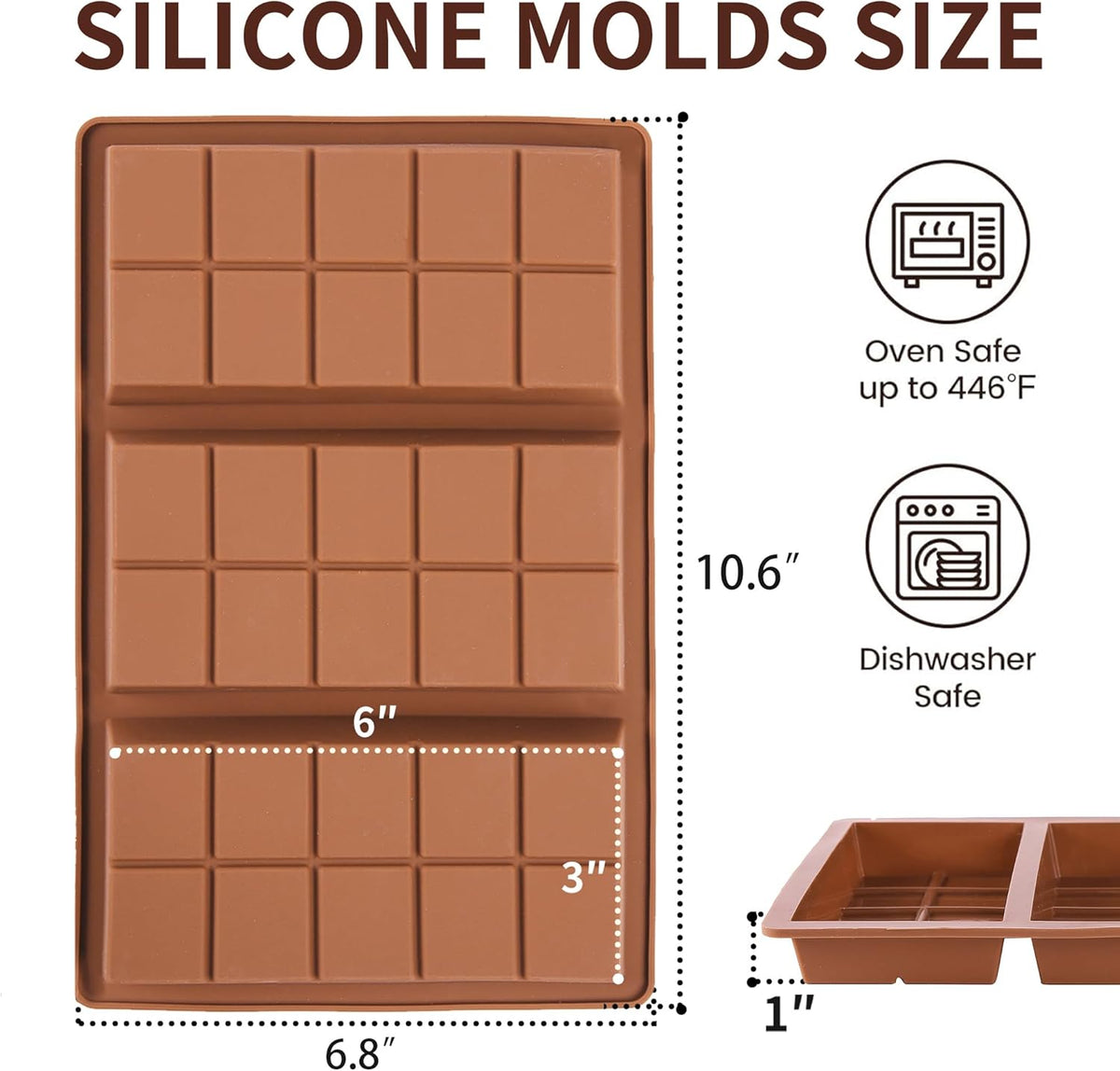 1 Inch Deep Chocolate Bar Mold, 3 Cavity Large Dubai Chocolate Molds, Thick Candy Bar Mould for Filling（3 Packs）