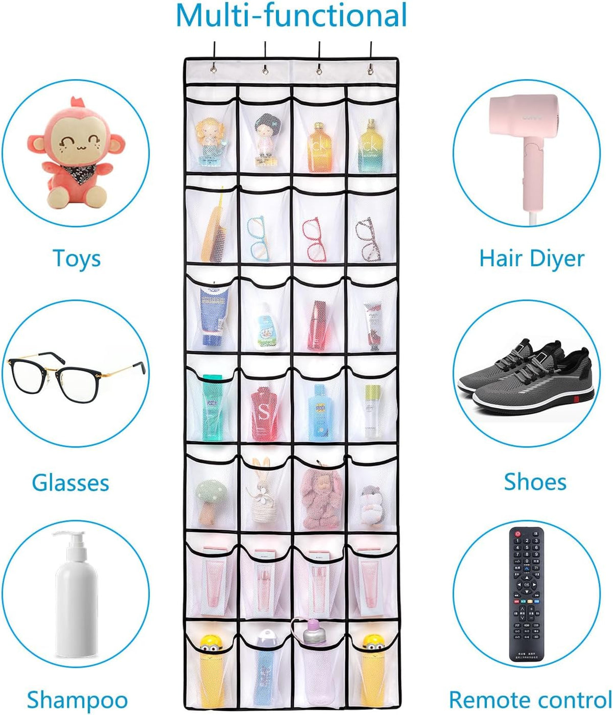 REGELETO 2 Pack 28 Pocket Over the Door Shoe Organizer, Hanging Shoe Rack for Door Large Capacity Shoe Organizer Holder with 4 Metal Hooks (White-2Pack)