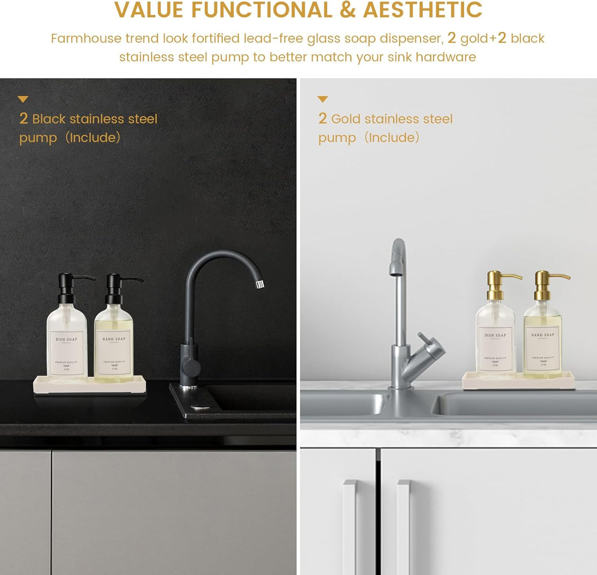 Glass Soap Dispenser for Kitchen, Farmhouse Dish Soap Dispenser&Hand Soap Dispenser Set,Rustproof Pump Lotion Dispenser Bathroom with Tray, Waterproof Label for Kitchen Decor(Clear
