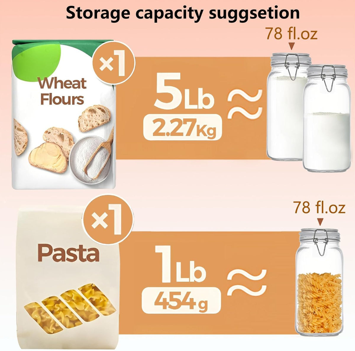 78oz Square Glass Food Storage Jars Storage Container with Clear Preserving Seal Wire Clip Fastening for Kitchen Canning Flour, Cereal, Pasta, Sugar, Beans