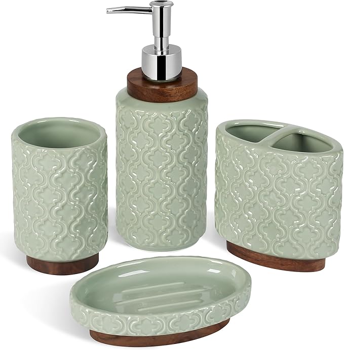 Bathroom Accessories Set 4 Pieces Toothbrush Holder Soap Dispenser Ceramic Bathroom Accessory Set Contain Toothbrush Cup Soap Dish Tumbler