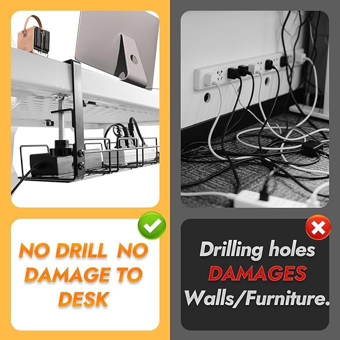 Under Desk Cable Management 2pack Kit- 15.7'' Long 5.1'' Wide Tray, Steel Cord Organizers, 4 Cable Holder, 12 Roll Cable Organizer Straps, No Drill, No Damage to Desk(Black)