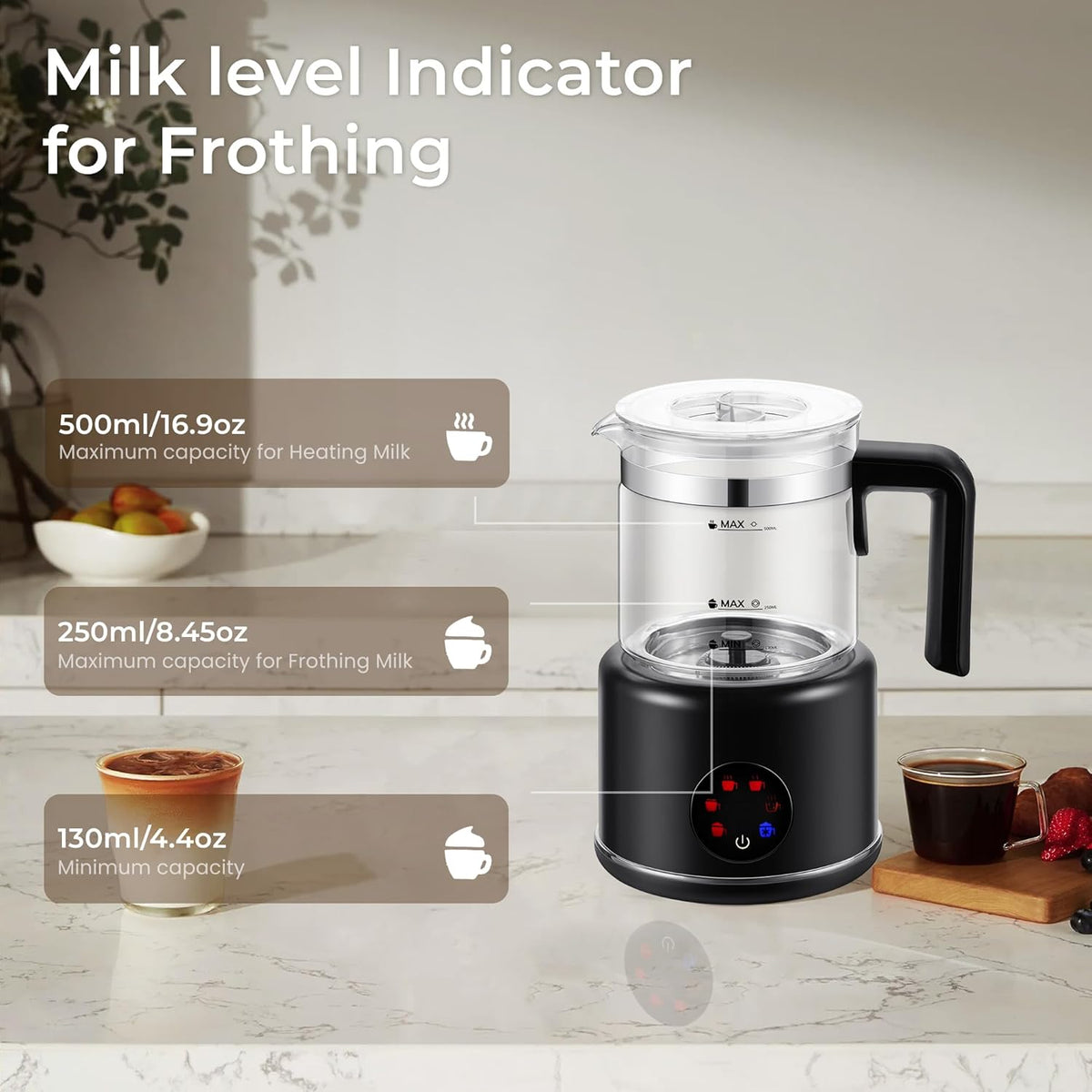 Electric Milk Frother, 6 in 1 Milk Steamer,17oz Automatic Warm and Cold Foam Maker for Coffee,Latte, Cappuccino, Macchiato, Hot Chocolate (Black)