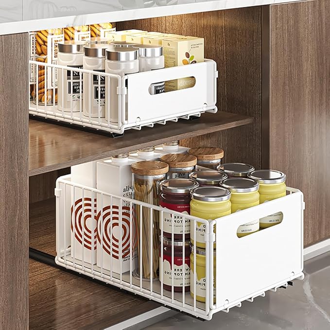 Pull Out Cabinet Organizer Slide Out Drawer Storage Shelves Cupboard Organiser Sliding Cabinet Basket for Kitchen No Drilling and Nailing (White, 4Piece 9.8"W X15"D X 7.5"H)