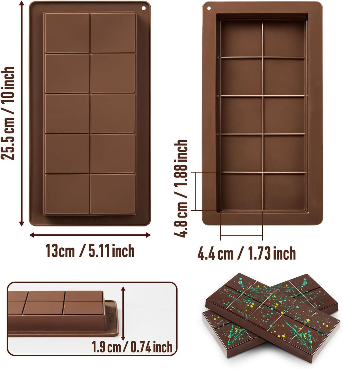 Dubai Chocolate Mold 2 Pack,0.79 Inch Deep Large and Thick Silicone Chocolate Bar Molds for Stuffed Bar,Big Chocolate Candy Bar Mold for Filling Knafeh Pistachio Kit