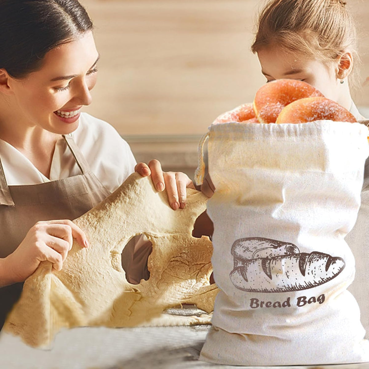 Bread Bag with Inside Lining, 2 Pack Reusable Linen Bread Storage Bags, 11.75" x 11.5" Homemade Bun Container, Double Drawstring Closure for Fruit and Baguette, Artisan Bread Storage