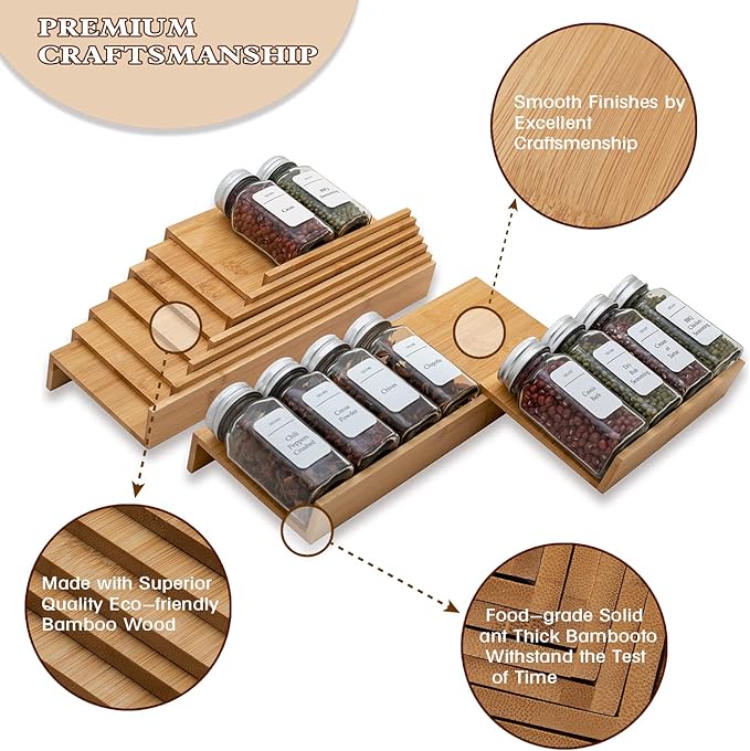 Bamboo Spice Rack Drawer Organizer - 8 Pieces Set- 9" Wide Per Piece - Combine Pieces Into 18" Wide Rack (9" or 18")