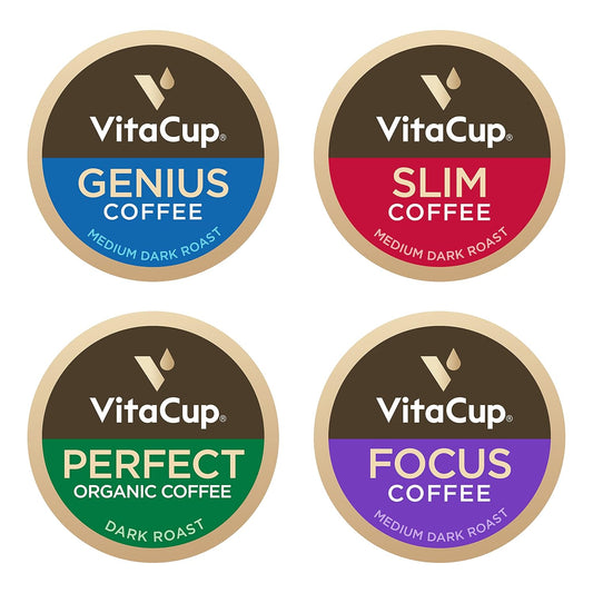 VitaCup Coffee Pods 40ct, Slim w/Garcinia for Diet Support 10ct, Genius Keto w/MCT Oil for Energy & Focus 10ct, Low Acid USDA Organic Perfect 10ct, & Focus w/Mushrooms for Memory & Clarity 10ct