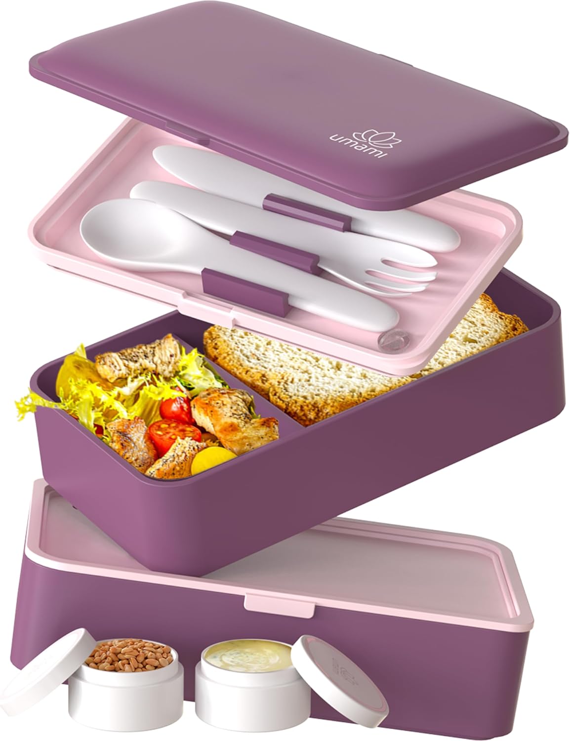 Umami Bento Box Adult All-In-1 w/4 Utensils, 2 Sauce Jars, 2 Dividers, 100% Leakproof, Microwave & Dishwasher Safe, Stackable Bento Lunch Box Containers for Men/Women, Royal Purple, 40 oz