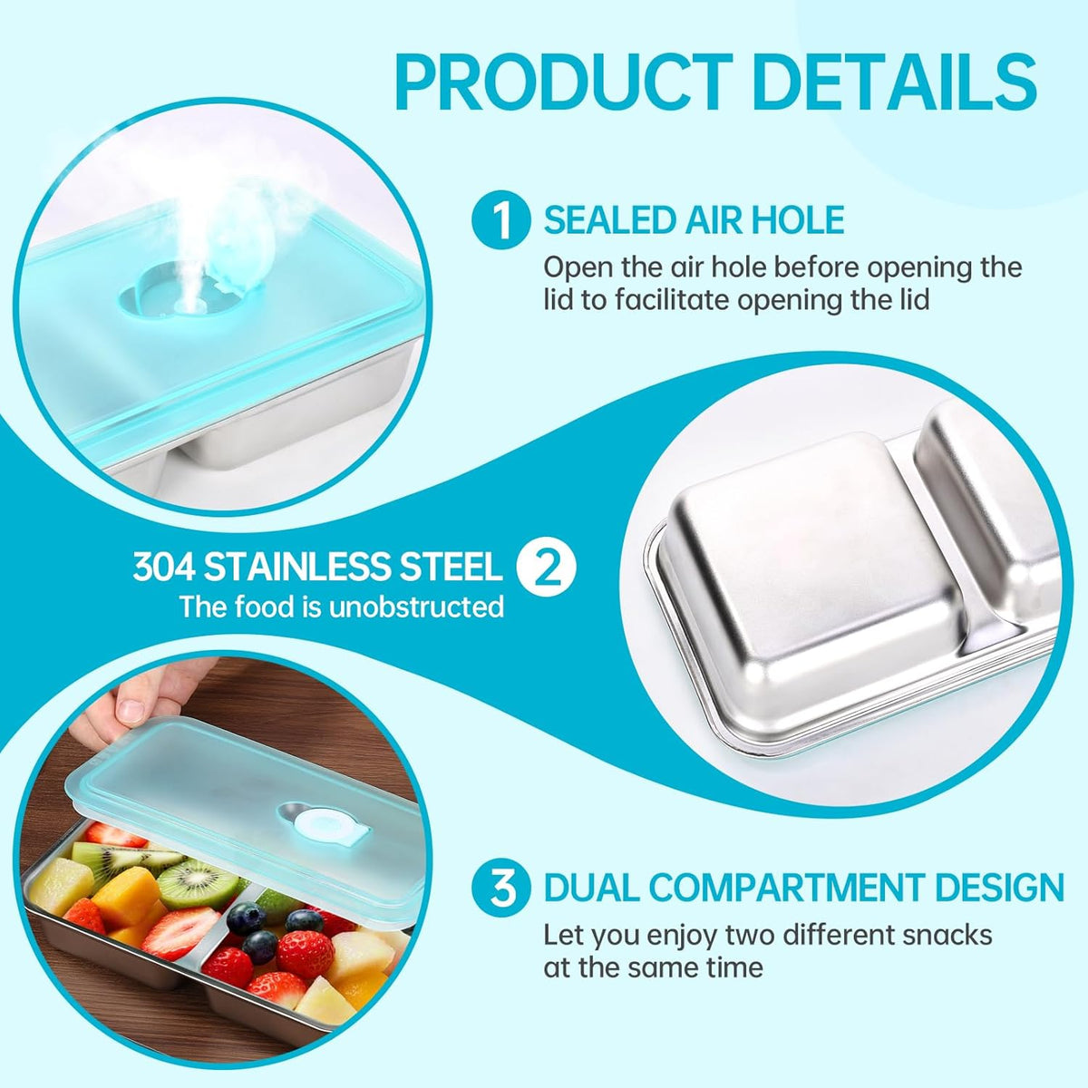 6 Pack Stainless Steel Snack Containers Reusable, Grab and Go 2 Compartment Food Storage Containers with Leakproof Lids for Travel and Outdoor Camping School Lunch Prep Dishwasher Safe