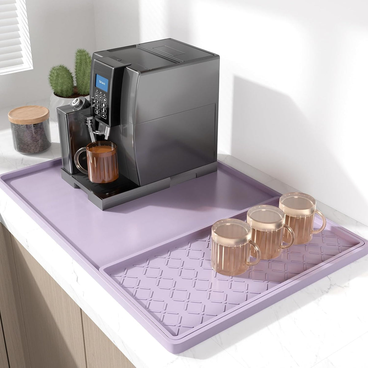 Rnivvi Silicone Coffee Mat, 16" x 24" Waterproof Raised Edge Coffee Bar Mats for Espresso Machine Station Accessories, Heat Resistant Detachable Dish Drying Pad for Kitchen Counter, Dish Rack, Purple