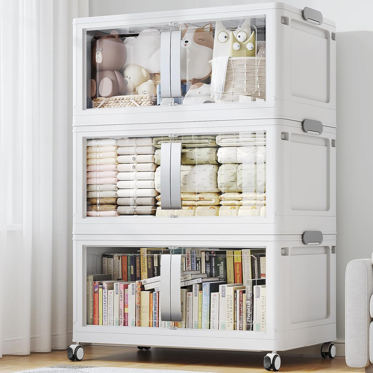 480QT Stackable Storage Bins with Lids, 120Gal Extra Large Collapsible Storage Box with Wheel, Plastic Storages with Clear Door Open Front for Home Bedroom Garage, White-3pack(3 lids)
