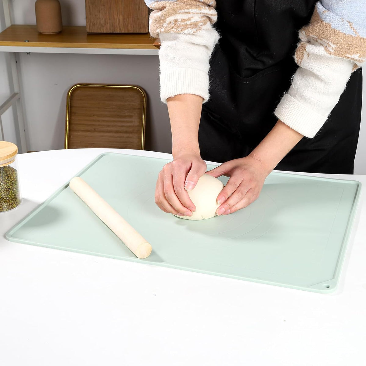 Silicone Baking Mat - Extra Thick Non-Stick Pastry Mat with Measurement Markings, 21"x15" Non-Slip Silicone Pad with Raised Edges (Light Green)